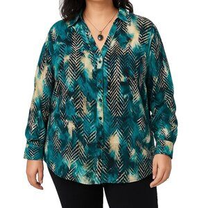 Catherines Womens 3XWP 26/28WP Multicolor Button Up Blouse Petite Long Sleeve